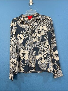 Burns Blue White Silk Blend Floral Paisley Button Up Shirt Women Size 8